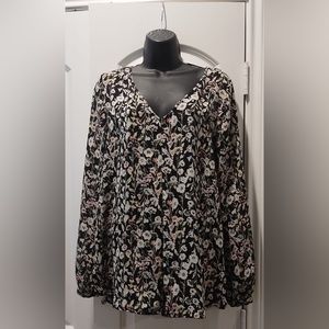 LC LAUREN CONRAD Women's Black Blouse Floral Pattern V-Neck Casual Summer Size M